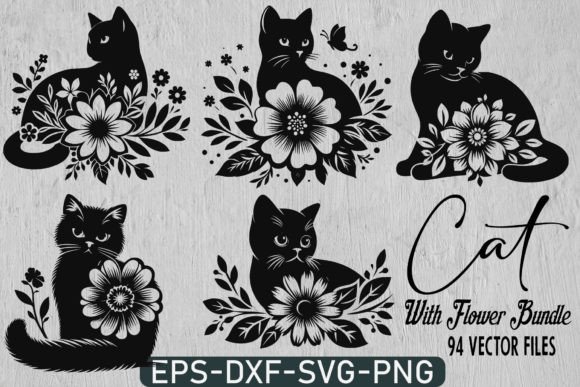 94 Cat with Flowers Svg Bundle Vector