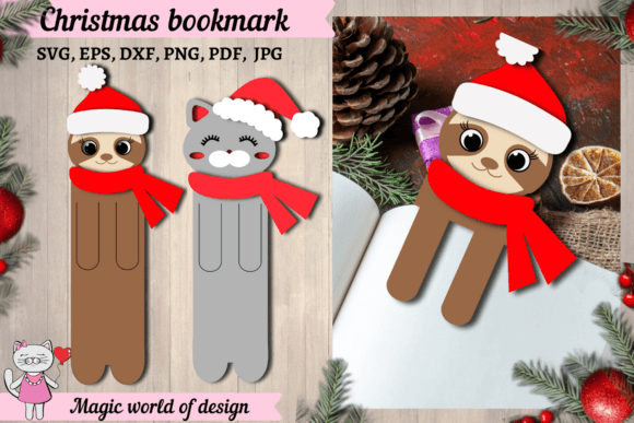 Christmas Bookmark SVG, Cat and Sloth