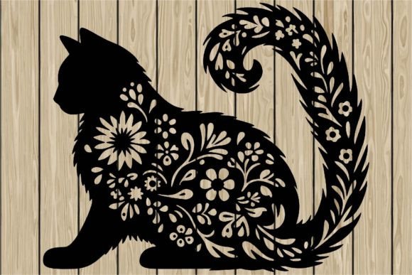 Floral Cat Stencil Silhouette SVG