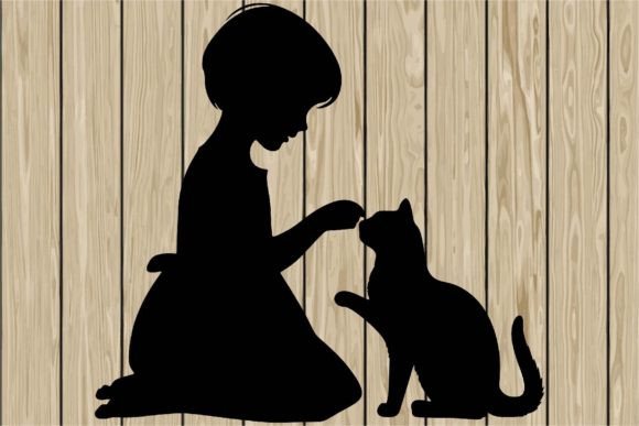 Girl Playing with Cat Silhouette SVG