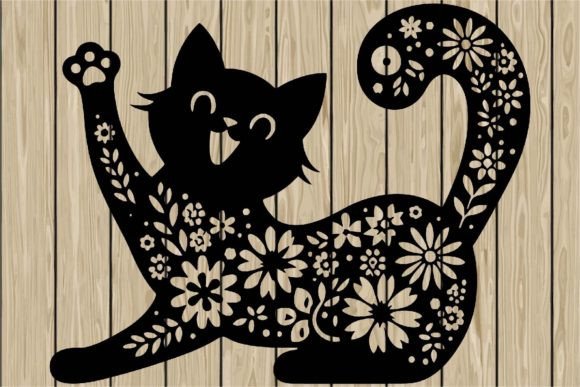 Halloween Floral Excited Cat Stencil SVG