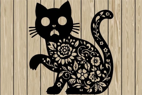 Halloween Floral Scared Cat Stencil SVG