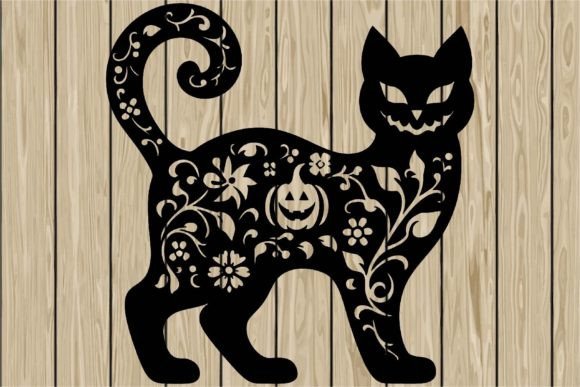 Halloween Floral Spooky Cat Stencil SVG