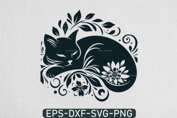 Sleeping Cat with Flowers Svg